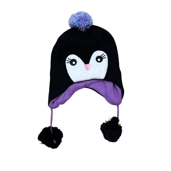unknown Other - Penguin snow hat, black with white & purple, tassles, purple lining, stretchy.